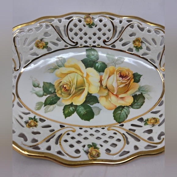 Schumann Bavaria Yellow Rose Serving Decor Dish Porcelain Perforated Edges - Picture 3 of 13
